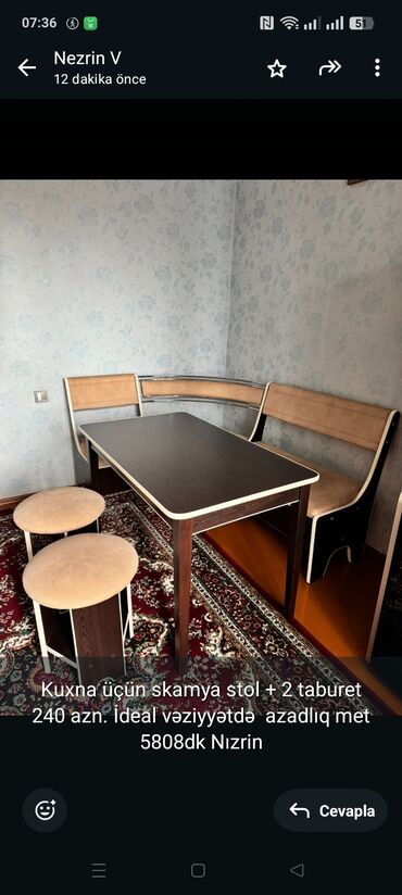 metbex ucun aboylar: Kuxna üçün skamya stol + 2 taburet 240 azn. İdeal vəziyyətdə azadlıq