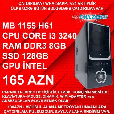 Digər kompüter aksesuarları: Masaüstü Kompüter "Qori DDR3 1155 H61/Core i3 3240/8GB Ram/128GB SSD"