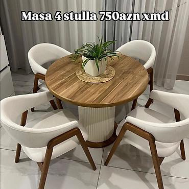 sutular: Masa və 4 stul dəsti - Dairəvi taxta üstlü masa: təbii ağac — 1