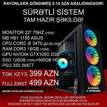 Masaüstü kompüterlər və iş stansiyaları: ŞOK ENDİRİM!!! Oyun üçün Kompüter "RGB Core i5 3470 16GB Ram GTX1050 — 1
