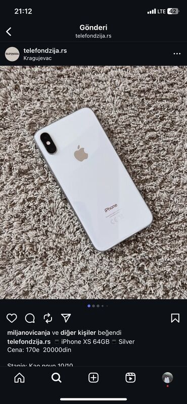 Apple iPhone: IPhone Xs, 64 GB, Ağ, Zəmanət, Face ID, Sənədlərlə