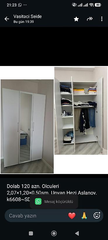 perla dolab: Dolab 120 azn. Olculeri 2,07×1,20×0,50sm. Unvan Hezi Aslanov.
k6608~SD — 1