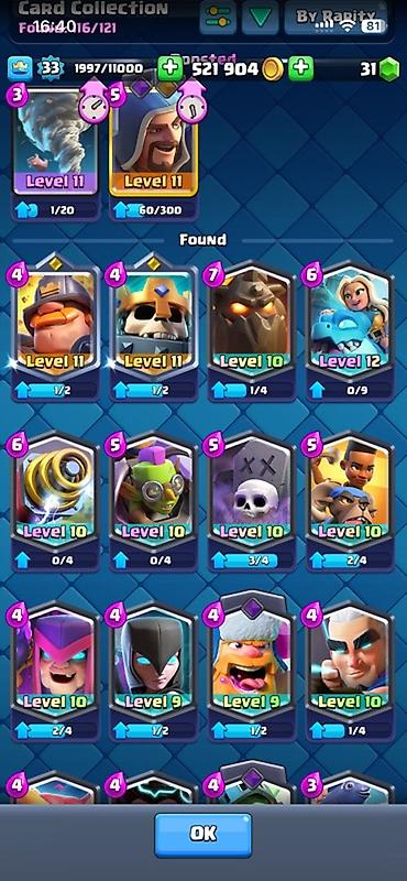 Kolleksiya kartları: Clash Royale hesabı - Kral səviyyəsi: 33 (1997/11000 XP) - Kupa: 6885 — 3