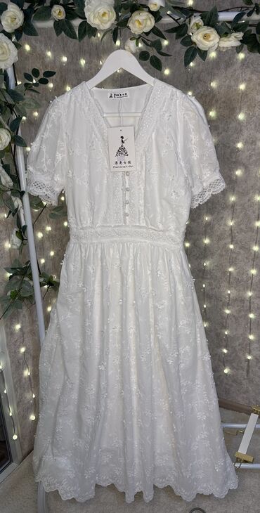 летнее белое платье из хлопка: Повседневное платье, Лето, Средняя модель, Хлопок, S (EU 36), M (EU 38)