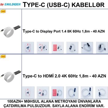 Monitorlar: Type-C Kabellər 🚚Metrolara və ünvana çatdırılma var, ❗ÖDƏNİŞLİDİR❗