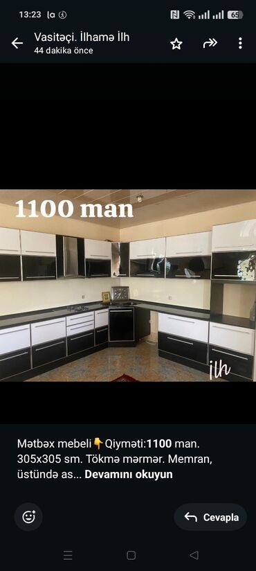 Divanlar: Mətbəx mebeli👇Qiyməti:*1100* man. 305x305 sm. Tökmə mərmər. Memran