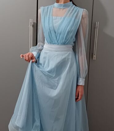вязаное голубое платье: Вечернее платье, Длинная модель, С рукавами, XL (EU 42)