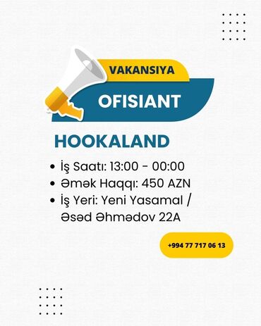 Otel, kafe, restoranlar: Ofisiant tələb olunur, Restoran, Aylıq ödəniş, İstənilən yaş, 1 ildən az təcrübə