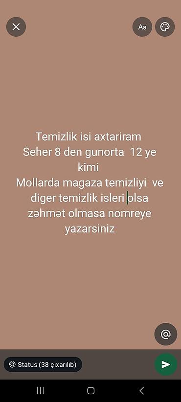 aşbaz isi: Xidmət: Təmizlik işi axtarıram - İş saatları: səhər 08:00-dan günorta — 1