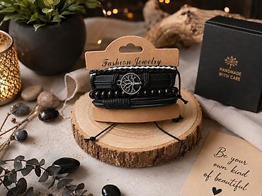 Dəri və muncuqdan çoxqatlı qolbaq seti - Üslub: boho/urban tərzi -