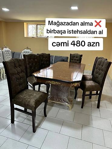 stullar lalafo: - Yemək otağı dəsti: 1 masa + 6 stul - Masa: düzbucaqlı/altıbucaqlı — 1