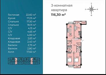 Продажа квартир: 3 комнаты, 116 м², Асанбай мкр Элитка, 13 этаж, ПСО (под самоотделку) — 2