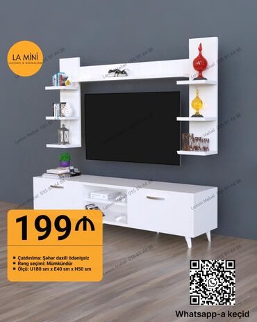 Sifarişlə dolablar: Düz TV altlığı, Polkalı, Laminat