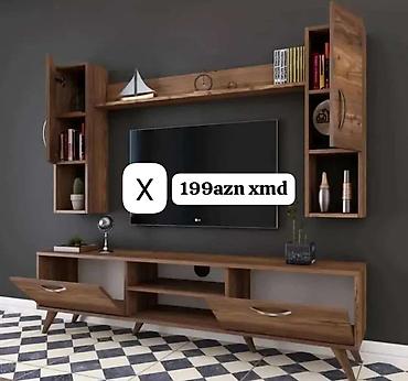 tv stent: TV stendi və asma divar rəfləri dəsti - Material: taxta teksturalı — 1