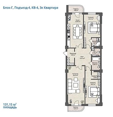 Продажа квартир: 3 комнаты, 131 м², Южная Магистраль Элитка, 4 этаж, ПСО (под самоотделку) — 4