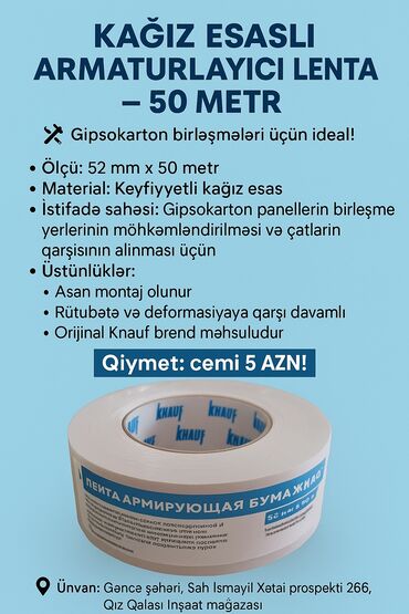 kombi panel: 📦 Kağız əsaslı armaturlayıcı lenta – 50 metr 🔧 Gipsokarton
