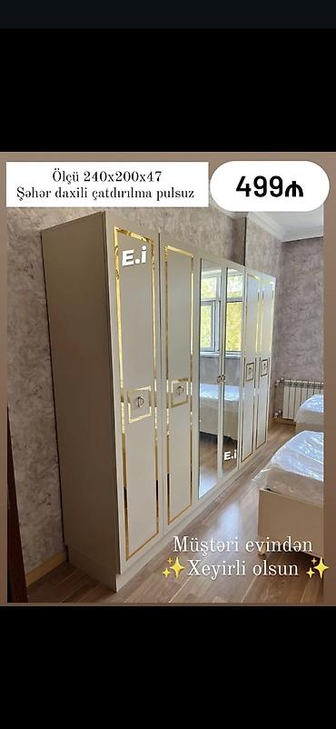 Ev üçün mebel: Yeni, 6 qapı, Güzgülü, Ağ, Açılan, Düz dolab — 1