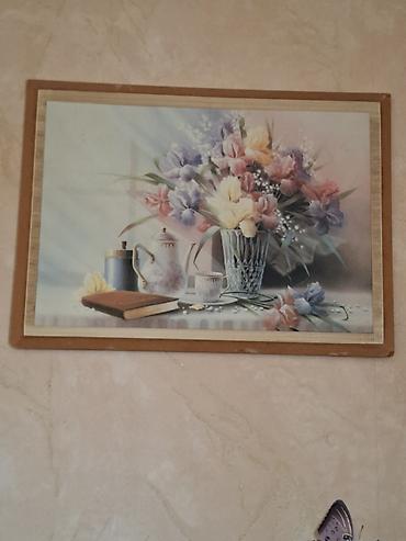 təbaşir və pastel: Divar üçün tablo – “Natürmort çiçəklər və çay dəsti” Təbii taxta — 3