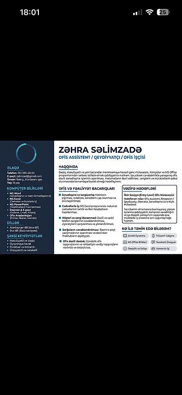 xanim isledib: Xidmət: Ofis assistenti / qeydiyyatçı / ofis işçisi Təsvir: - — 1