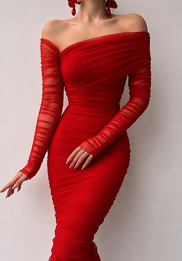 Qırmızı off-shoulder axşam/gecə paltarı - Üslub: Bədənə oturan