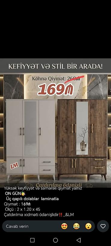 Üç qapılı dolab – laminatla - Ölçü: 2 x 1.20 x 45 - Material: laminat