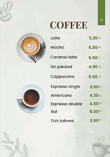 Чай, кофе, напитки: Menyu: COFFEE - Latte – 5.20 - Mocha – 5.50 - Caramel latte – 5.50 - — 1