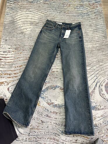 женские джинсы с дырками: Прямые, Zara, Турция, Высокая талия