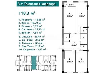 2 8: 3 комнаты, 118 м², Восток-5 мкр 9 этаж — 3