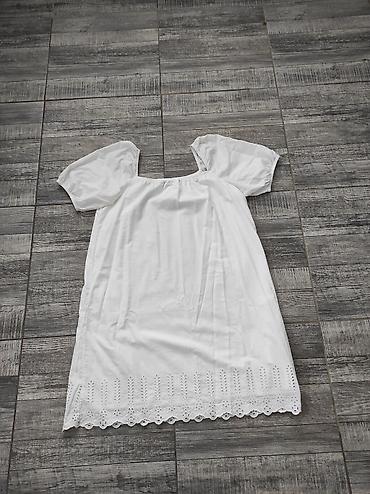 pantalone na kockice: Bela pamučna haljina/tunika sa kratkim puf rukavima. Ravnog, opuštenog — 4