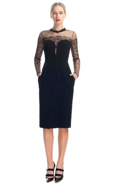 Ziyafət donları: Şəffaf qolları və krujeva detalları ilə zərif qara midi don. Yüksək