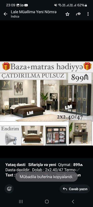 mebel satmaq: *Yataq dəsti* *Sifarişlə və yeni* Qiymət : *899₼* Dəstə daxildir