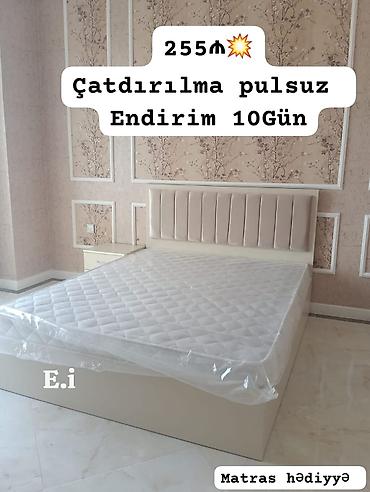 mebel satıram: Yataq dəsti – yumşaq başlıqlı, müasir minimal dizayn. Açıq krem rəngli — 1