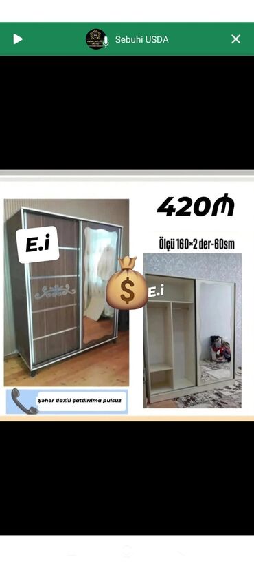 Masalar və oturacaqlar: Yeni, Düz dolab, Qarderob, paltar dolabı