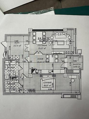 royal construction: 2 комнаты, 96 м², Асанбай мкр Элитка, 7 этаж, ПСО (под самоотделку) — 3