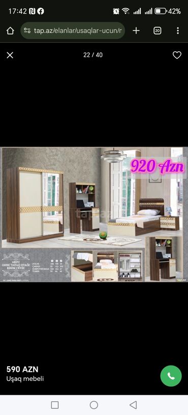 Uşaq və gənc otağı üçün dəstlər: Oğlan və qız üçün, Təknəfərlik çarpayı, Yazı masası — 14