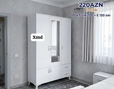Ağ rəngli paltar dolabı. Ölçüləri: - Dərinlik: 47 sm - Hündürlük: 200