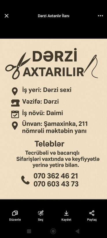 derzi is elanlari 2022: Dərzi sexində dərzi vəzifəsi üçün daimi iş elanı. Namizəddən təcrübəli
