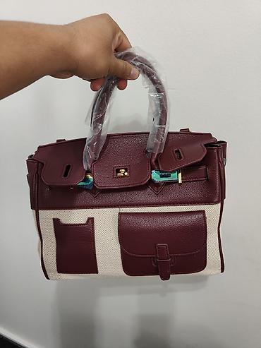 Классические сумки: Сумка- Hermes тоут из комбинированных материалов — бордовая экокожа с — 2