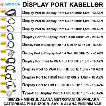 Digər kompüter aksesuarları: Display Port Kabellər 🚚Metrolara və ünvana çatdırılma var