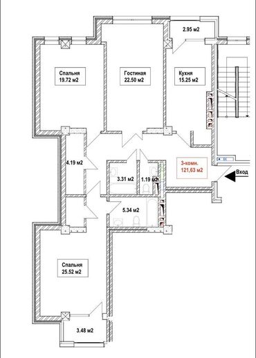 royal: 3 комнаты, 122 м², Элитка, 6 этаж, ПСО (под самоотделку)