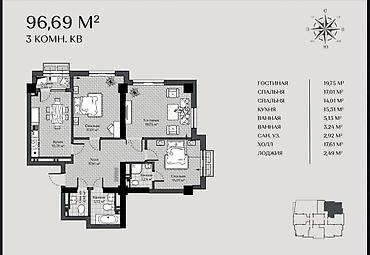 жк gravity: 3 комнаты, 97 м², Асанбай мкр Элитка, 16 этаж, ПСО (под самоотделку) — 3
