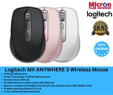 Meta Quest 3: Мышь Logitech MX Anywhere 3S, черный и белый Height: 100.5 mm Width