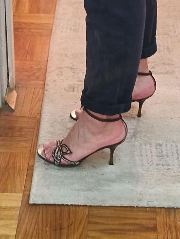 obuca 40: Sandale broj 36, braon, platno i cirkoni, štikla 8 cm, jednom nošene — 3