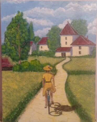 Ev saatları: Kətan uzərində akril boya ilə cəkilmiş əl işim. 45×35 olcudə