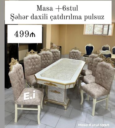 hündür stul: Qonaq otağı üçün, Açılmayan, Dördbucaq masa, 6 stul
