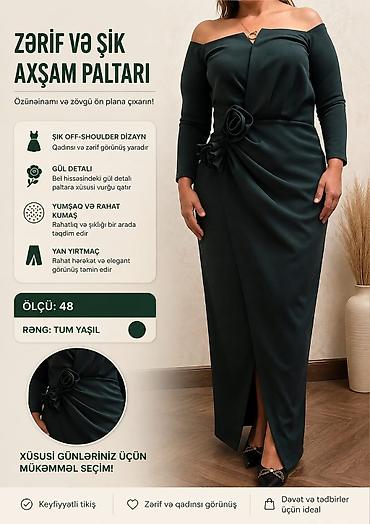 Zərif və şık axşam paltarı - Dizayn: off-shoulder (çiyinlər açıq)