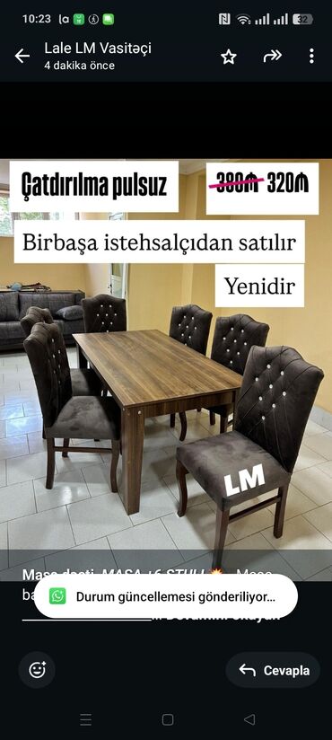 Sifarişlə oturacaqlar: *Masa dəsti* _*MASA +6 STULL💥*_ Masa bağlı: 90×1.70+6stul: *320₼*