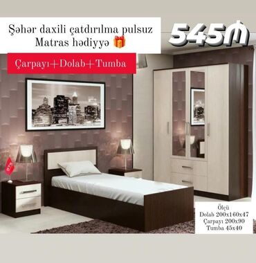 Yataq otağı dəstləri: Təknəfərlik çarpayı, Dolab, 2 tumba, Yeni
