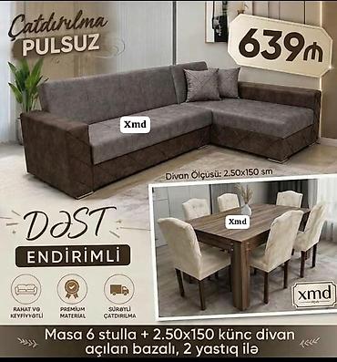 açilan divan: Dəst: Masa və 6 stul + künc divan (açılan, bazalı) - Divan ölçüsü — 1