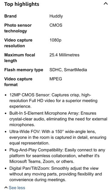 Veb-kameralar: Konfrans Web Kamera "Huddly IQ H2-MBLK" AI ilə. Süni intellekti var — 11